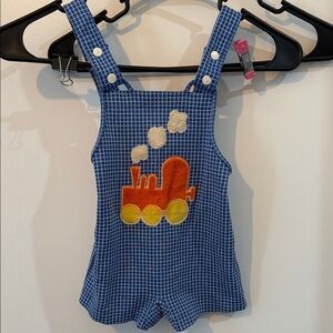 Blue Checkered Kids Overalls with Train Design